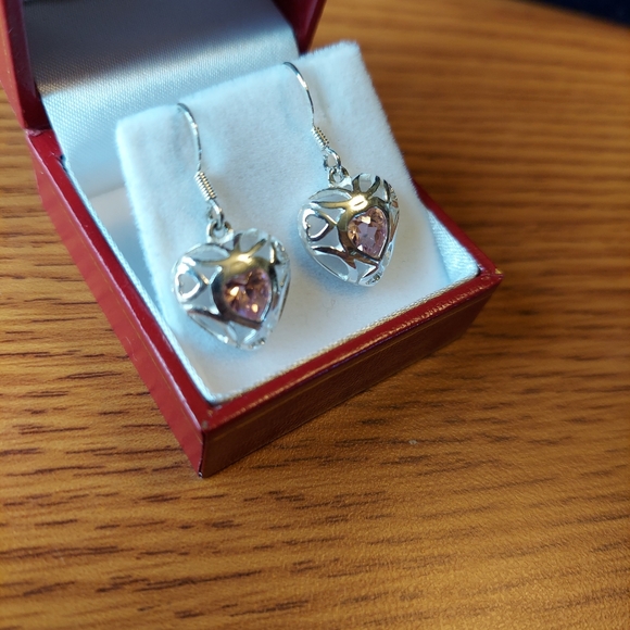 SS 925 Dangle Heart Earrings w/Pink Cz 1", GC. - Picture 3 of 8